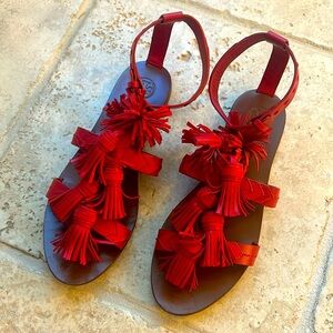 Tory Burch Red Leather Weaver Tasseled Flat Sandals Size 7.5
